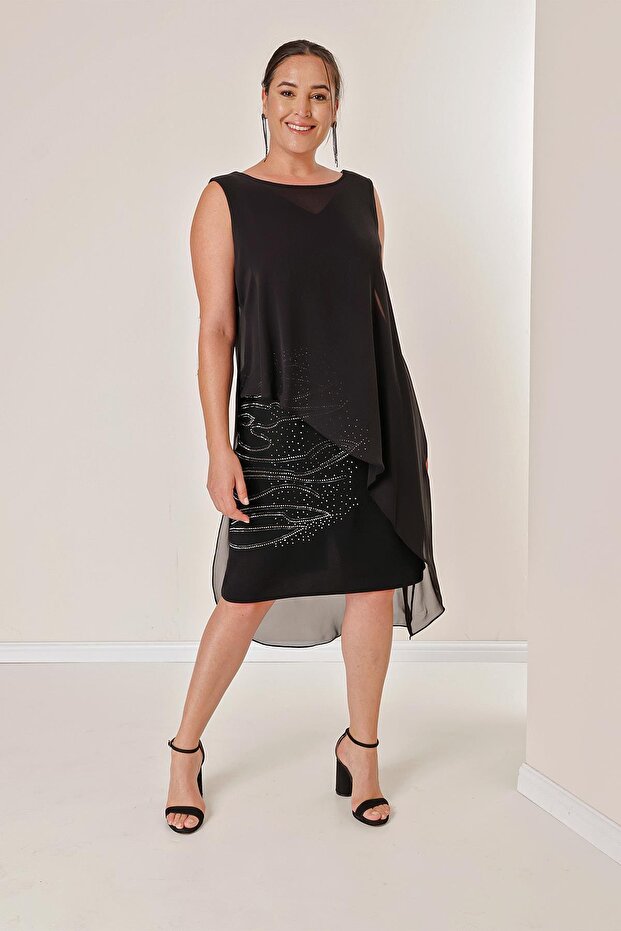 Chiffon Stone Printed Lined Sleeveless Plus Size Dress