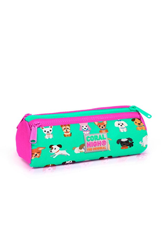 Kids Water Green Neon Pink Dog Patterned Three Compartment Pencil Bag 22306