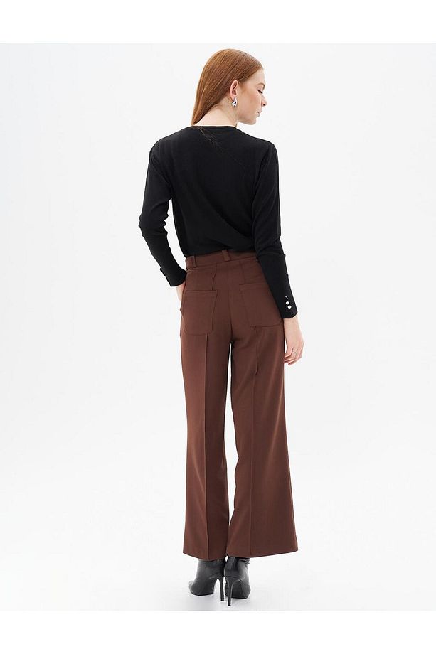 Çima Detaylı Geniş Paça Pantolon Koyu Kahve - 5