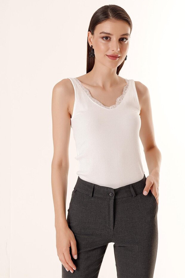 Ön Arka Dantel Kalın Askılı Kaşkorse Atlet - 1