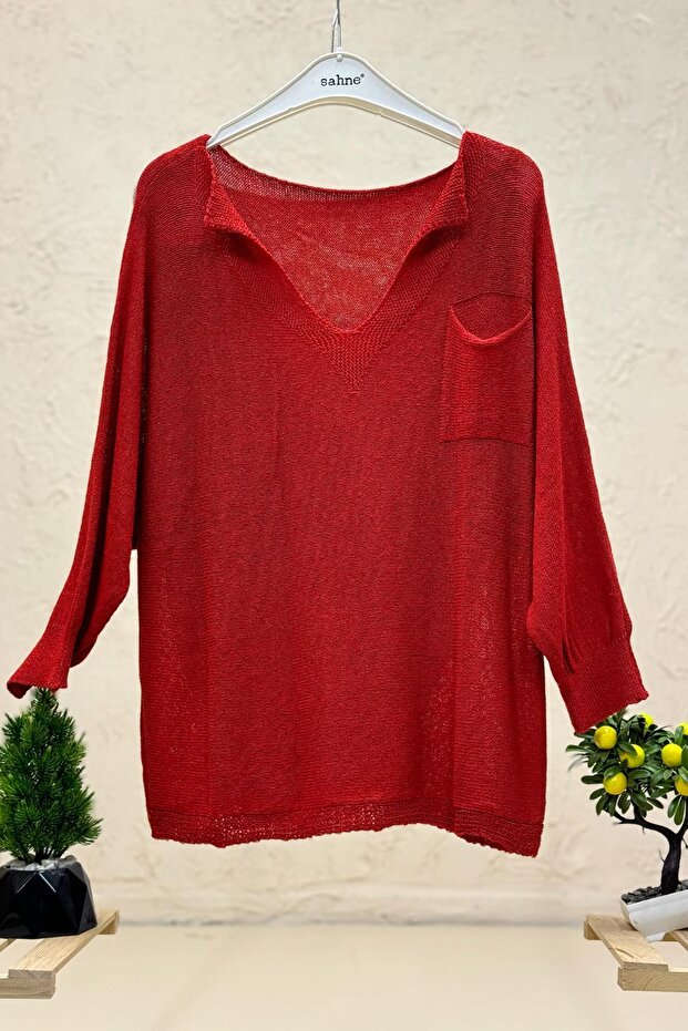 Single Pocket V-Neck Bat Mercerized Blouse