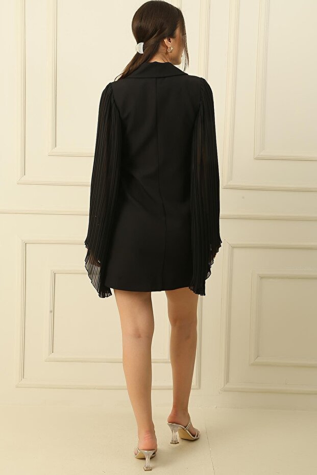 Kolları Pliseli Önü Düğmeli Ceket Elbise - 5