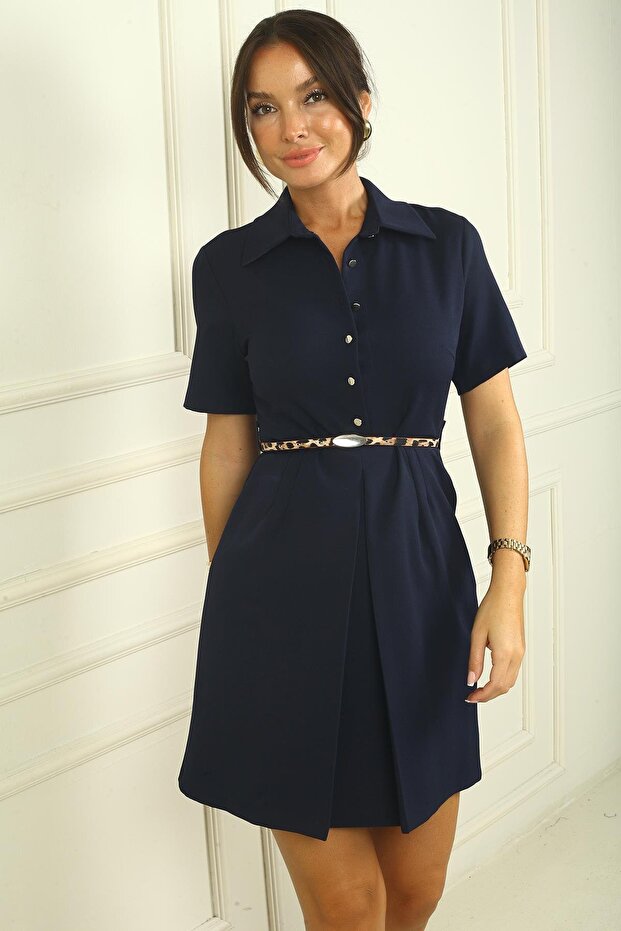 A Pleat Dress with Button Front Short Sleeve Belt