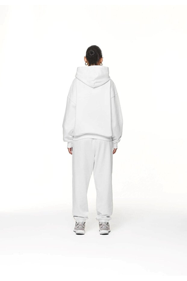 Hooded Inside Fleece High Printed White Oversize Hoodie Sweatshirt - 2