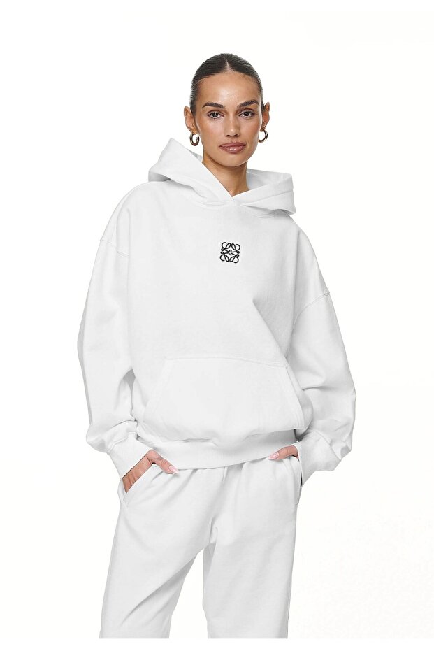 Hooded Inside Fleece High Printed White Oversize Hoodie Sweatshirt - 1