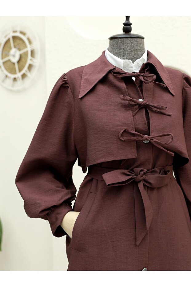 Önü Bağlama Detaylı Düğmeli Cepli Trençkot -mürdüm - 2