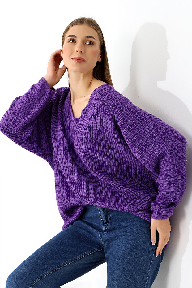 Kadın Oversize Salaş V Yaka Triko Kazak - 6