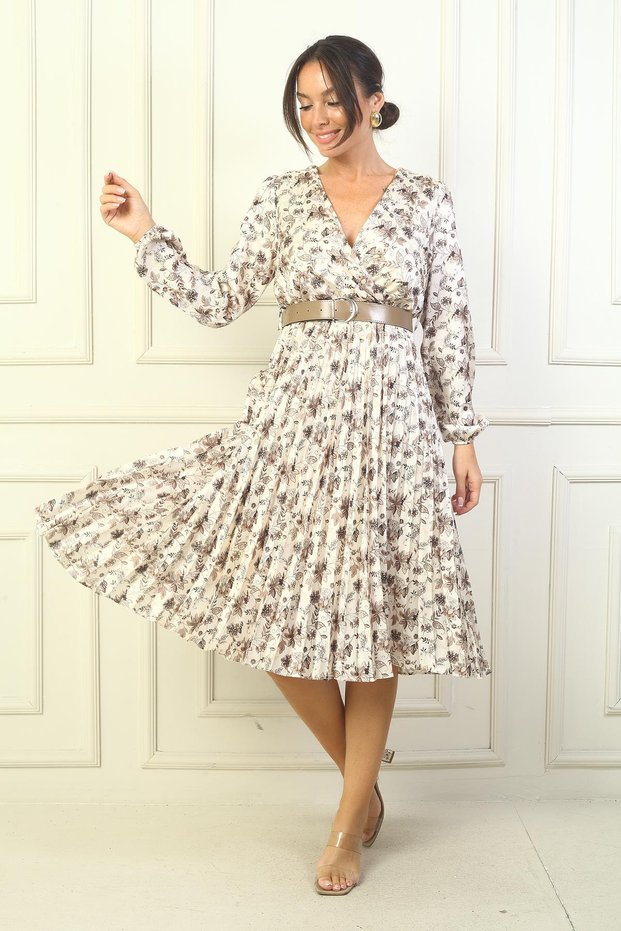 Women's Double Breasted Collar Waist Belted Lined Skirt Pleated Floral Satin Dress