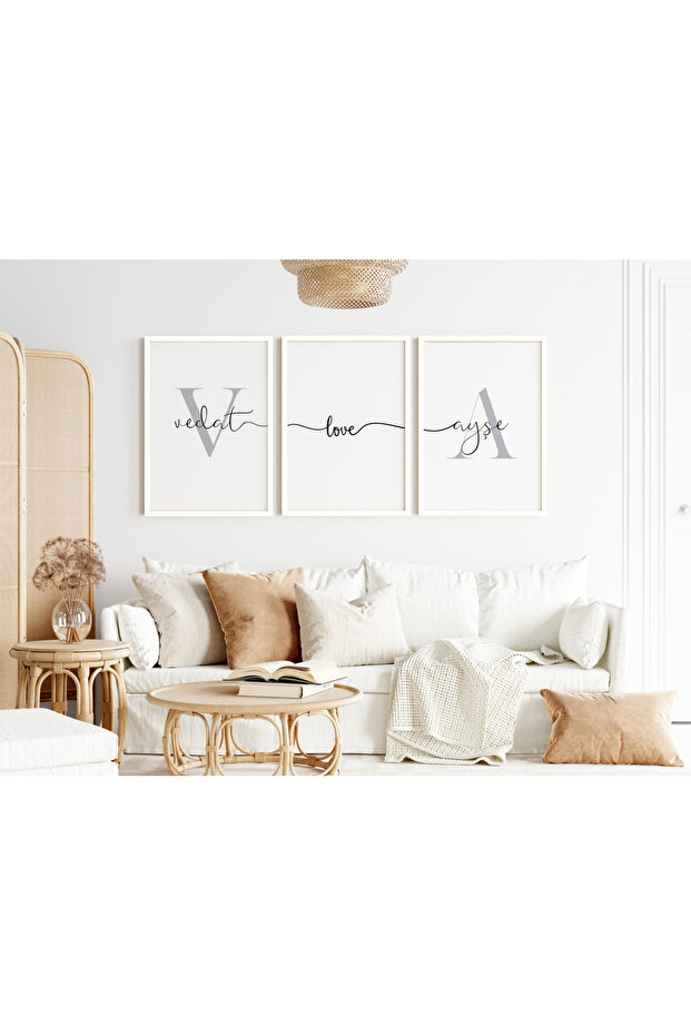 İsme Özel Minimal Sevgi Bağı Çerçevelği 3'lü Tablo Seti - Çiftlere Özel 3'lü Tablo Seti - 3