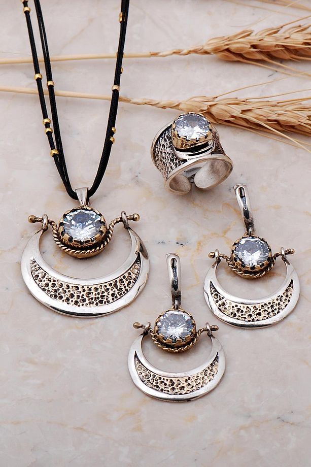 Quartz Taşlı Testi Tasarım Elişi Gümüş Set 1969 - 1
