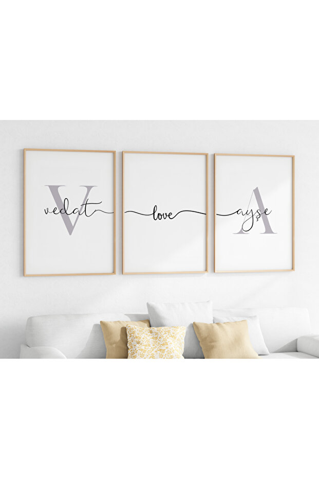 İsme Özel Minimal Sevgi Bağı Çerçevelği 3'lü Tablo Seti - Çiftlere Özel 3'lü Tablo Seti - 5