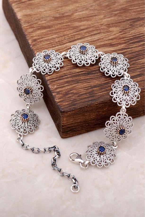 Safir Taşlı Elişi Gümüş Telkari Bileklik 2929 - 1