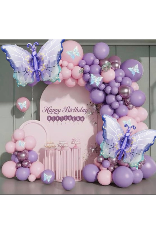 Purple Pink Balloon Chain Set with Butterfly Foil Balloons 101 Pieces