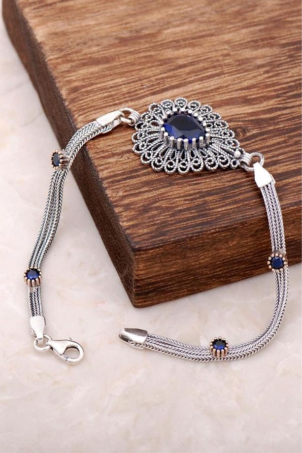 Safir Taşlı Telkari Işlemeli Gümüş Bileklik 2936 - 1