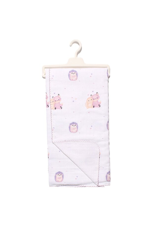 Ecru Pink Purple - Unisex Muslin Blanket with Hedgehog and Fox Pattern 80X90