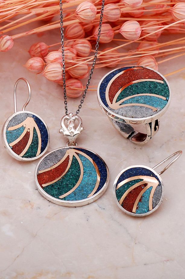Mozaik Işlemeli Elişi Renkli Gümüş Set 09 - 1