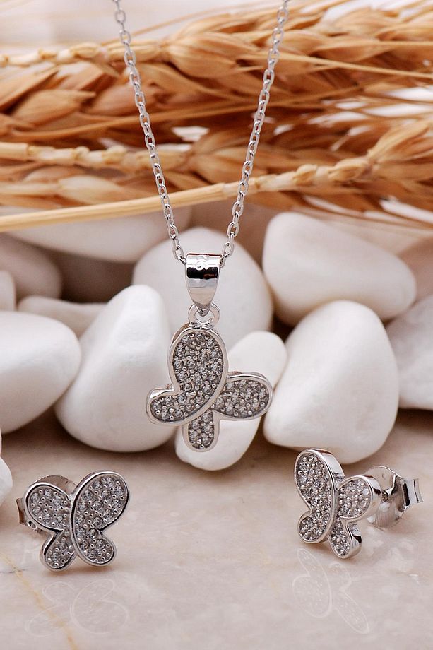 Kelebek Rodyumlu Mini Gümüş Ikili Set 2368 - 1