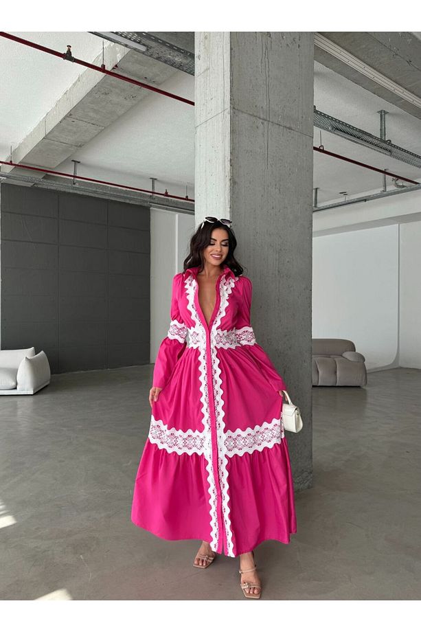 İthal Poplin Kumaş &Dantel Detaylı Uzun Gömlek Elbise-Pembe - 1