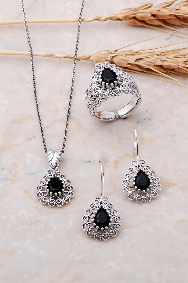Oniks Taşlı Telkari El Yapımı Gümüş Set 1496 - 1
