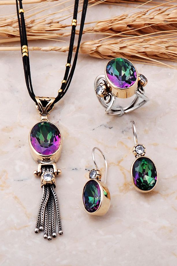 Mistik Topaz Taşlı El Yapımı Tasarım Gümüş Set 1723 - 1