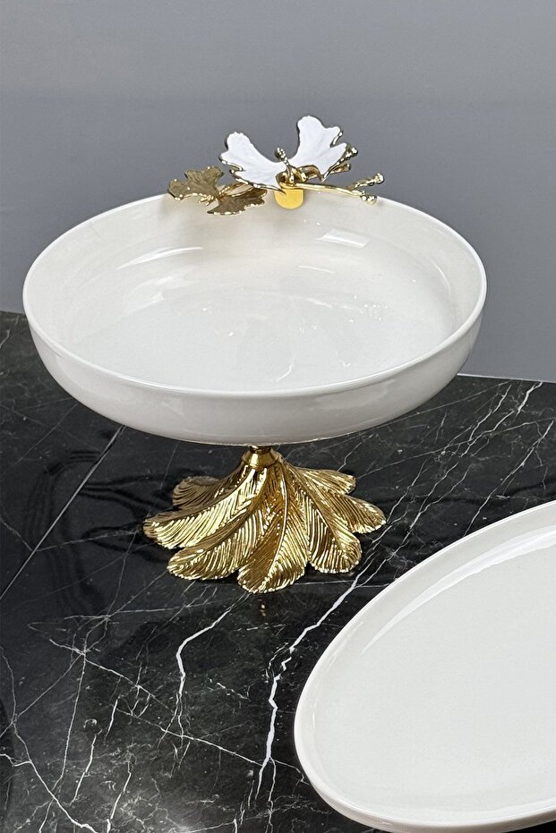White Butterfly Candle Legged Porcelain Salad Presentation Bowl