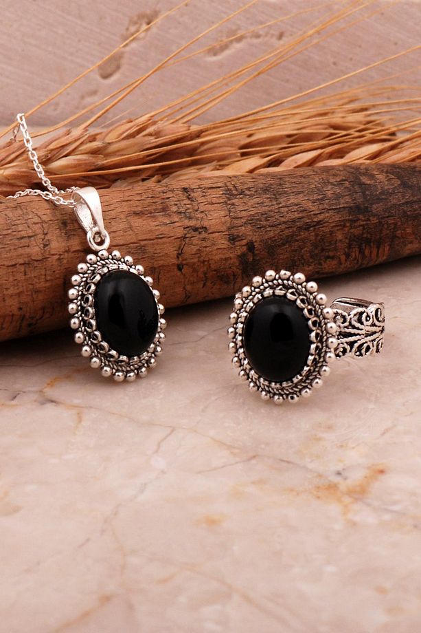 Oniks Taşlı Telkari Elişi Oval Gümüş İkili Set 2759 - 1