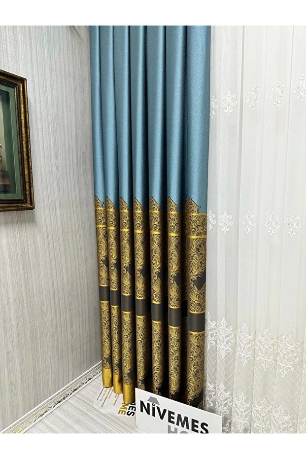 Nivemeshome Gönen Turquoise-gold671539 1/3 Close Pleated Background Curtain Apm