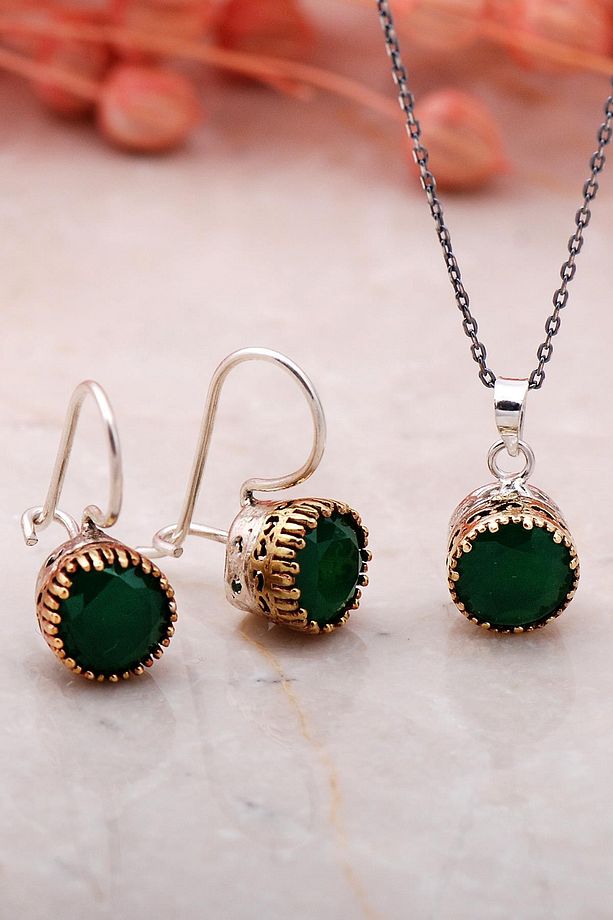Kök Zümrüt Elişi Gümüş Ikili Set 2335 - 1