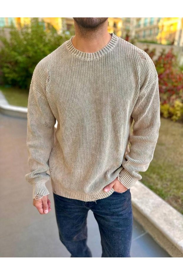 Sweater Knitwear Oversize Non-Pilling Natural Cotton Ripped Detailed Laser Cut Comfortable Cut Loose Sweater