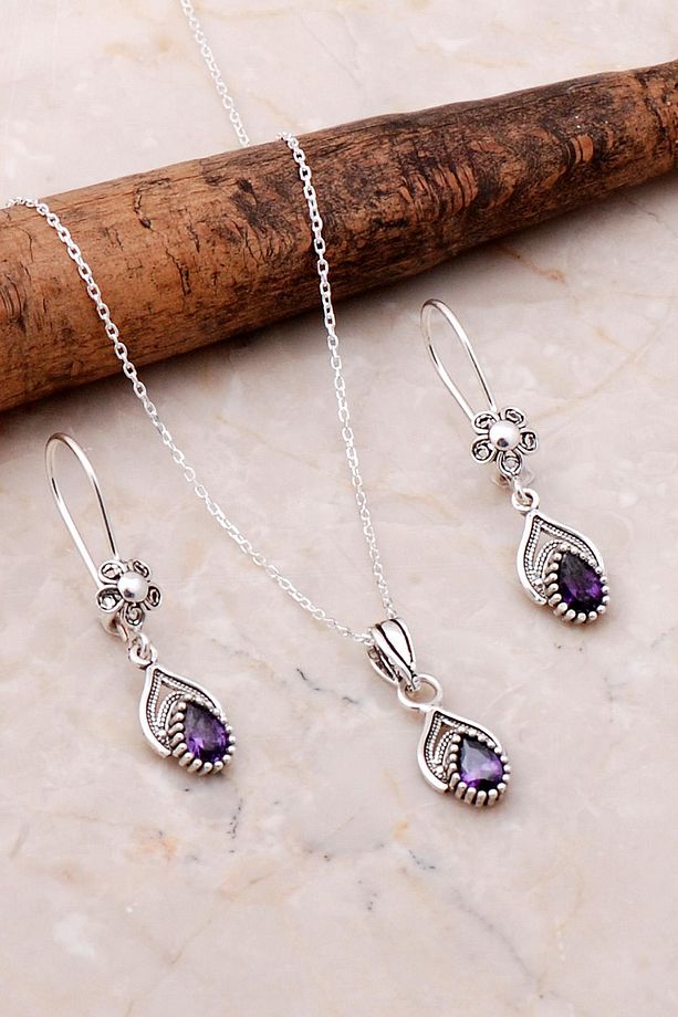Telkari Işlemeli Elişi Gümüş Ametist Set 2196 - 1