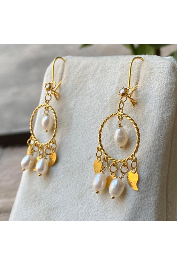 14 Ayar Altın İnci Pullu Küpe - 4