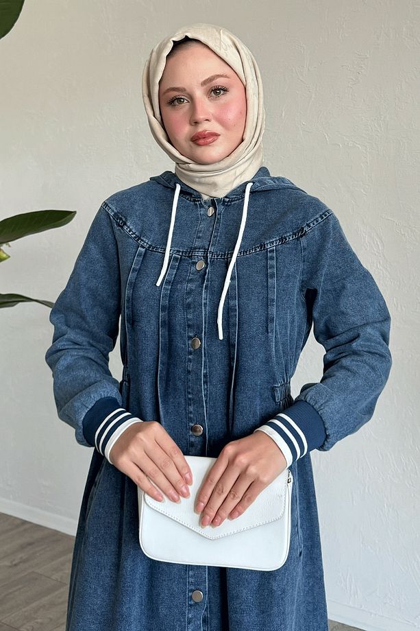 Kapüşonlu Beli Lastikli Mavi Kot Elbise - 4
