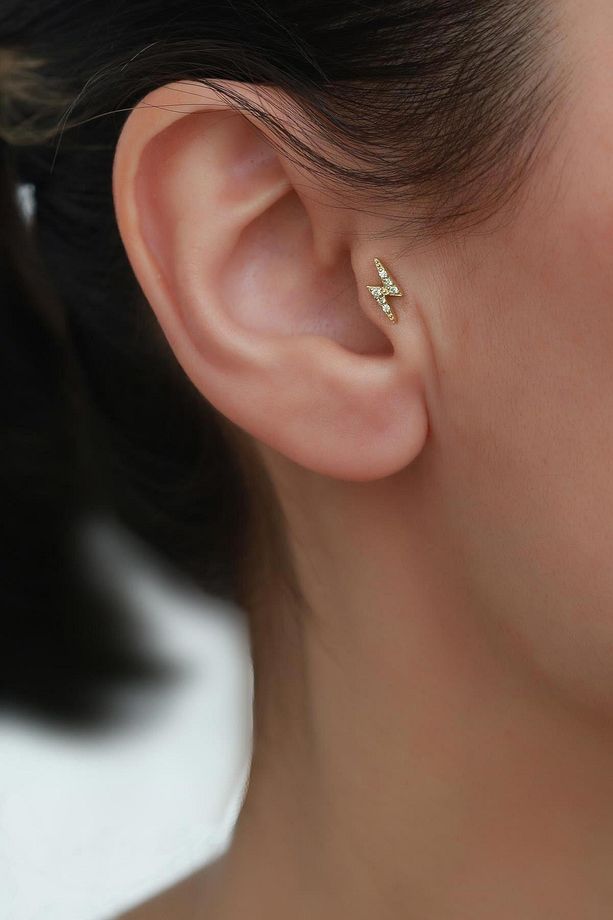 14 Ayar Altın Taşlı Şimşek Tragus Piercing - 2
