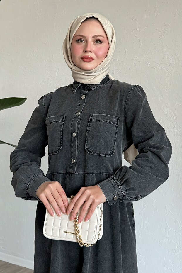 Çift Cepli Siyah Kot Elbise - 4