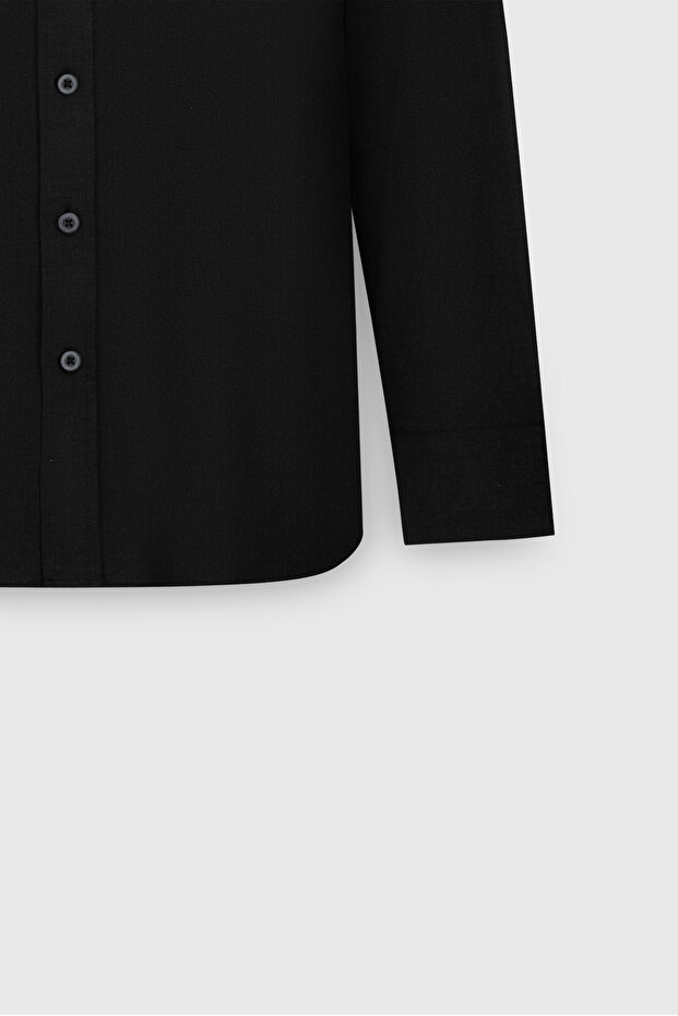 Erkek Siyah Comfort Fit Rahat Kesim %100 Keten Düğmeli Yaka Gömlek - 8