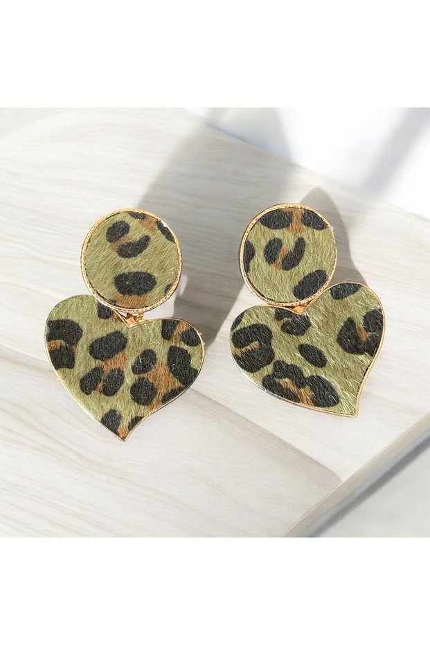 Khaki Leopard Print Women's Heart Earrings - Leylan Jewelry