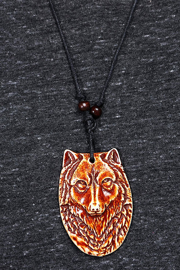 Wolf Figure Locket Design Adjustable Drawstring Brown Necklace