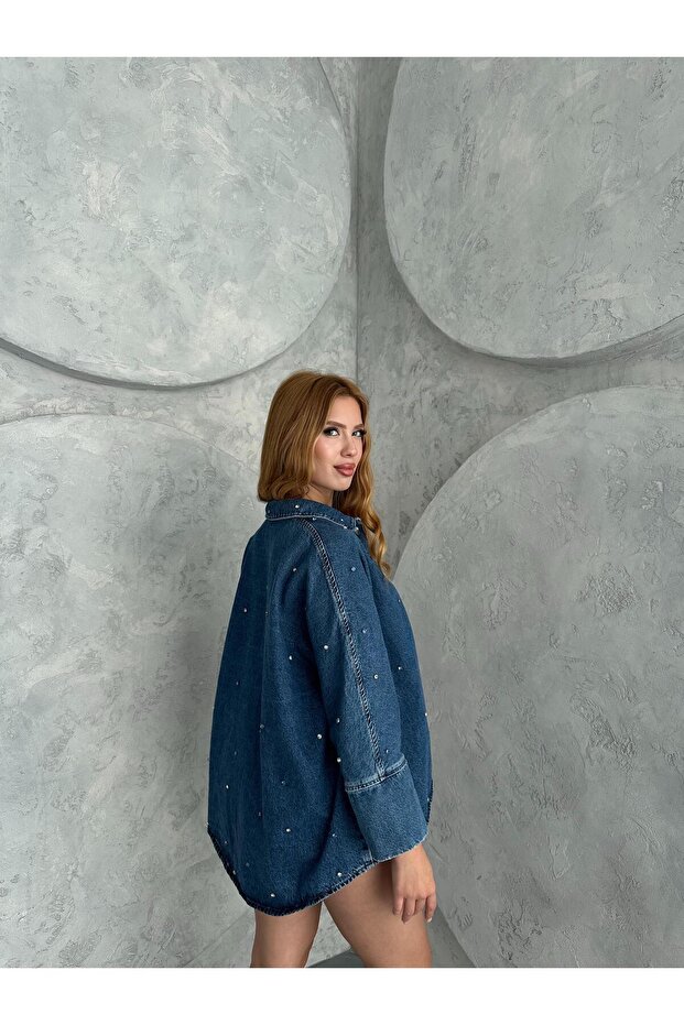 Mavi Taş Süslemelı Oversize Demim Gömlek - 8