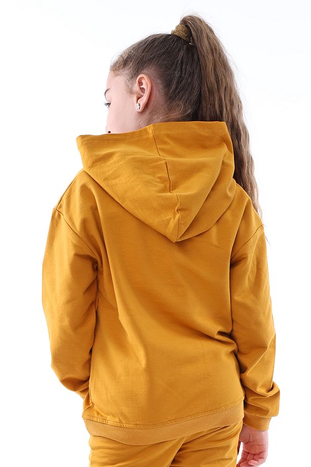 Basic Kapüşonlu Şardonlu Kanguru Cep Detaylı Çocuk Sweatshirt 3-10 Yaş Hardal - 5