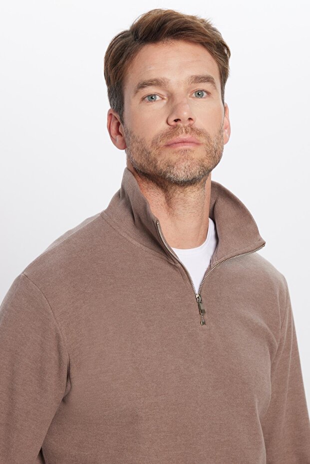 Unisex Relax Fit Comfortable Cut Ribbed Patterned Cotton Half Zipper Brown Stand Collar Sweatshirt