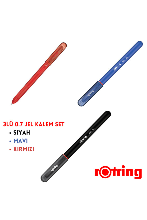 Rotring Jel Kalem 0.7 mm 3 Renk 3lü Set Siyah Mavi Kırmızı