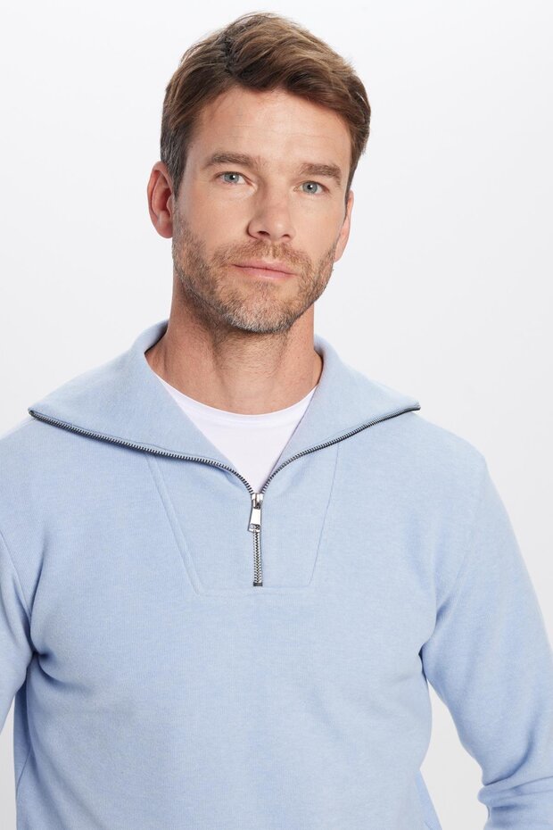 Unisex Relax Fit Comfortable Cut Ribbed Patterned Cotton Half Zipper Blue Stand Collar Sweatshirt