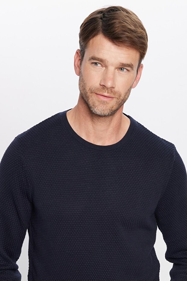 Men's Slim Fit Slim Fit Crew Neck Honeycomb Patterned Navy Blue Knitwear Sweater
