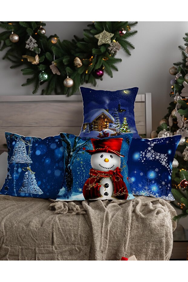 Christmas Themed Red Color 4-Piece Digital Printed Throw Pillow Cover with Blue Night Figures and Plaid Background