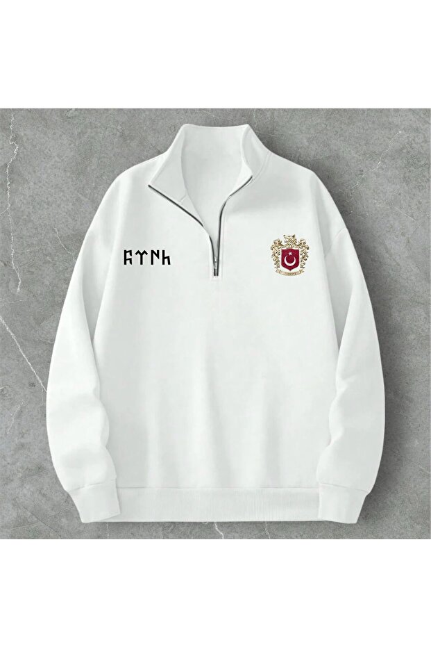 White Half Zipper Turan Letter Printed Sweatshirt