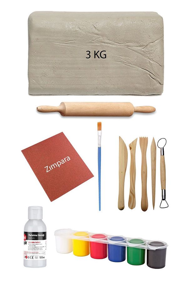 Beyaz Seramik Hamuru 3 Kg Kil Ebeşuar Seti 6x15 ml Akrilik Set 100 ml Vernik Ahşap Merdane Zımpara - 1