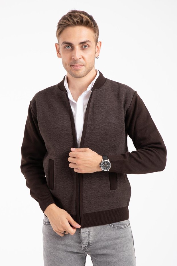 Men's Middle-Aged and over Knitwear Knitted Acrylic Zippered Winter Dad Cardigan 2062-Brown Color