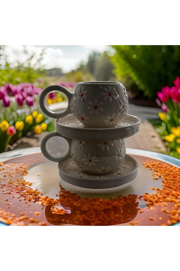 Ece Çayır Papatyası 2li Tabaklı Kupa Seti El Dekoru Mug Kupa Bardak - 6