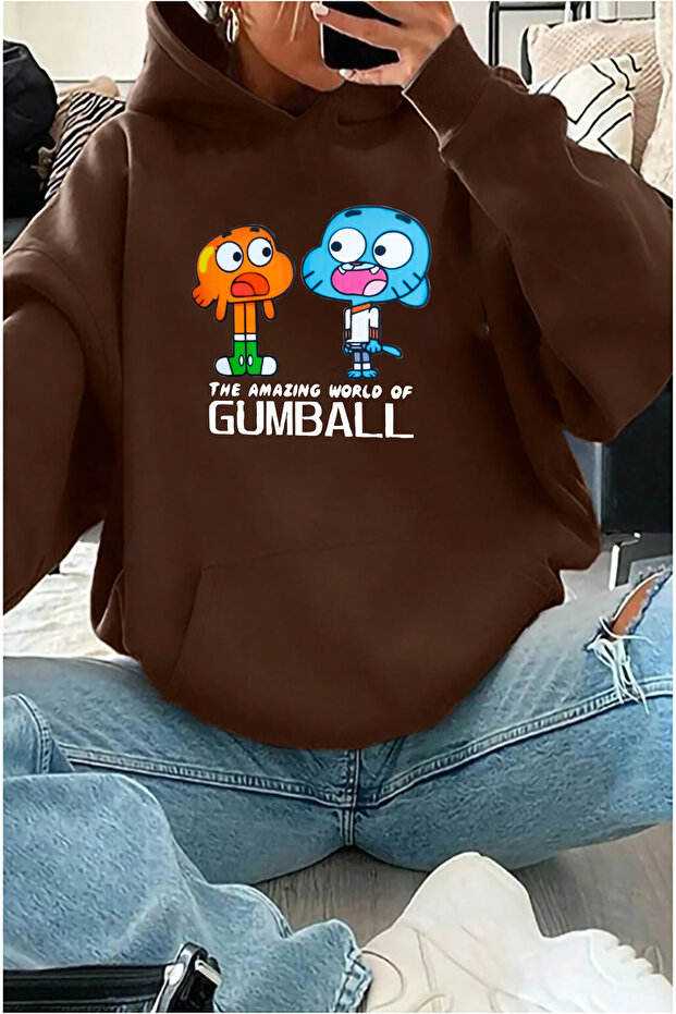 Unisex Gumball and Darwin Printed Brown Sweatshirt