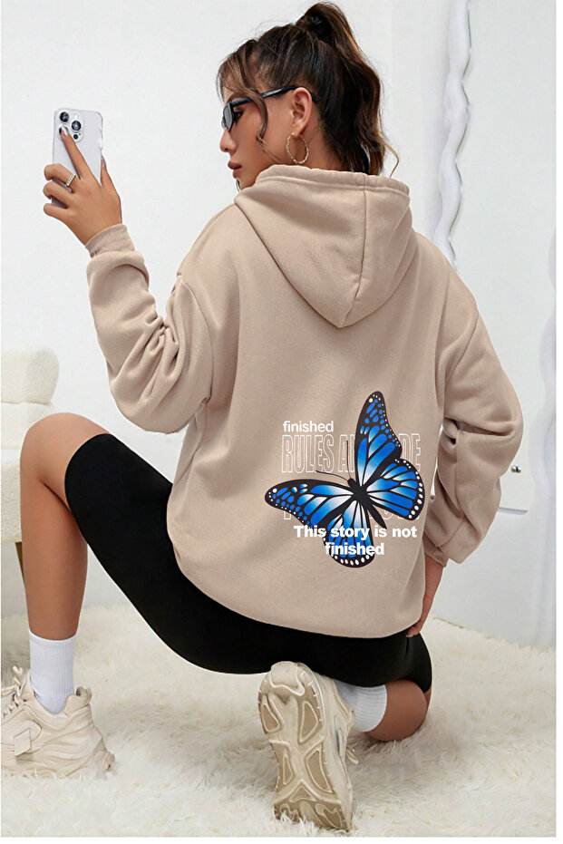 Unisex Blue Butterfly Printed Beige Sweatshirt